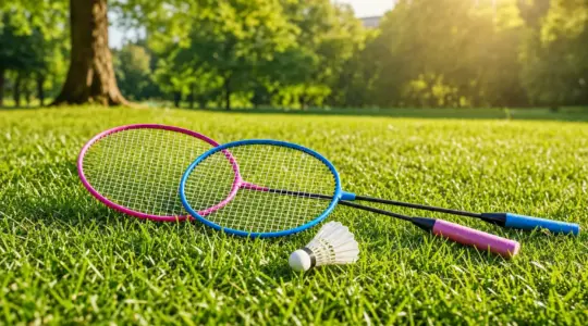 Zwei bunte Federballschläger und ein Federball auf einer grünen Wiese im Park