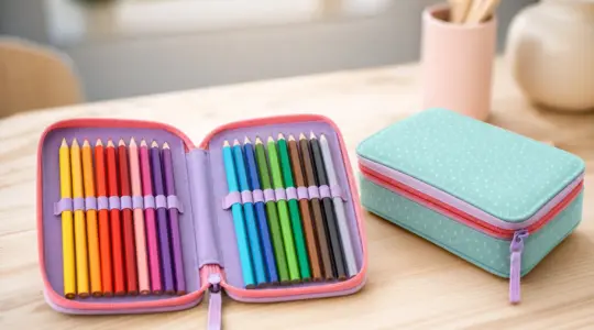 Ein aufgeklapptes Schülermäppchen aus Stoff in fröhlichen Farben mit ordentlich eingesteckten bunten Buntstiften neben einem zweiten geschlossenen Mäppchen auf einem hellen Holztisch