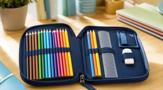 Eine aufgeklappte, gut gefüllte Federmappe für Kinder mit ordentlich eingesteckten bunten Stiften liegt auf einem hellen Schreibtisch