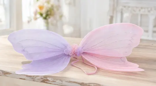 Ein Paar zarte schimmernde Feenflügel für Kinder aus feinem Tüll in Rosa und Flieder mit etwas Glitzer, dekorativ auf einem hellen Holztisch drapiert