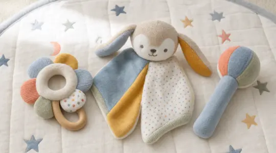 Buntes Babyspielzeug aus Stoff mit Greifling, Schmusetuch und Rassel auf einer Krabbeldecke