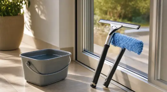 Ein Fensterputzer mit Abzieher und Wischbezug lehnt an einer sauberen Fensterscheibe