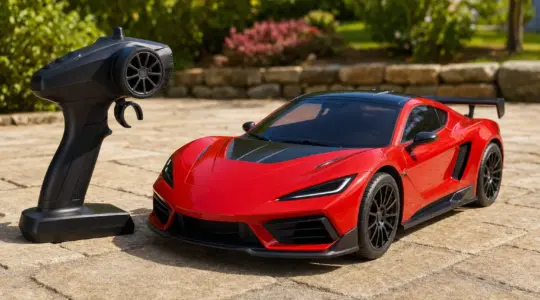 Ein modernes rotes ferngesteuertes Spielzeugauto mit Fernsteuerung auf einer gepflasterten Fläche im Garten