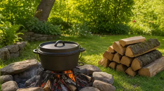 Ein gusseiserner Feuertopf steht auf einer Feuerstelle im Garten