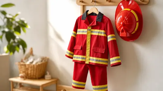Rotes Feuerwehr-Kostüm für Kinder mit gelben Reflektorstreifen und passendem Spielzeug-Helm auf einem Holzbügel an einer Kindergarderobe