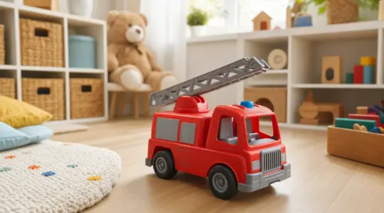 Ein rotes Spielzeug-Feuerwehrauto mit Leiter steht auf einem hellen Holzboden in einem freundlichen Kinderzimmer