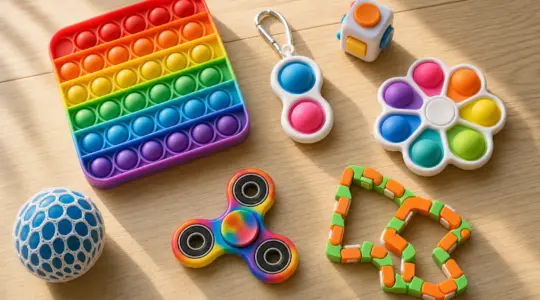 Mehrere bunte Fidget Toys wie Pop-It, Spinner und Knautschball auf einer Holzfläche