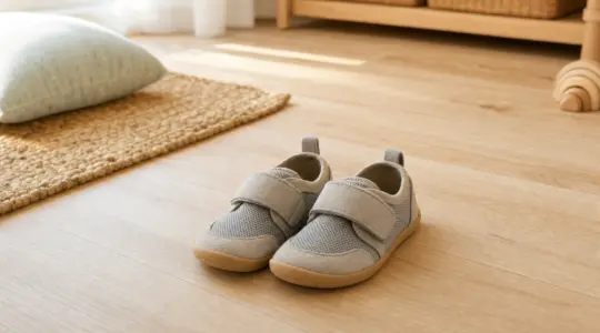 Ein Paar leichte flexible Barfußschuhe für Kinder mit dünner Sohle stehen nebeneinander auf einem Holzboden