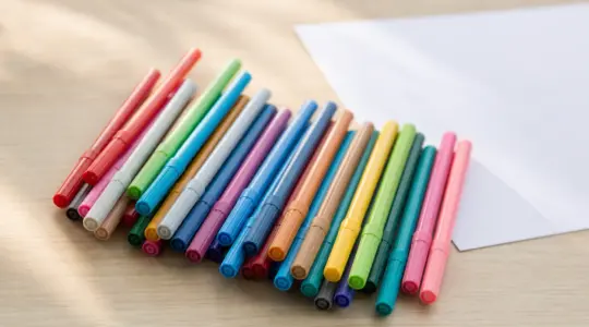 Viele bunte Kinder-Filzstifte mit farbigen Kappen, fächerförmig aufgelegt auf einem hellen Holztisch neben Papier