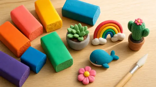 Bunte Blöcke ofenhärtende Modelliermasse mit fertigen Figuren auf einer Holzfläche
