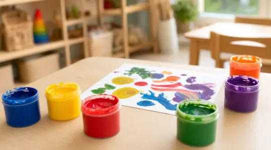 Mehrere offene Töpfchen bunter Fingerfarben mit Farbtupfern auf Papier auf einem hellen Holztisch