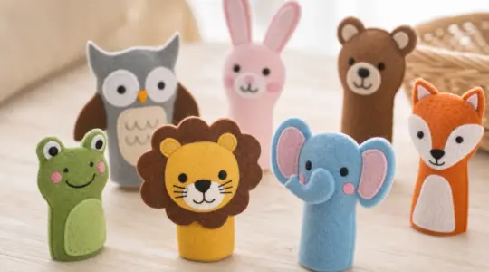 Buntes Set Fingerpuppen aus weichem Filz in Form verschiedener freundlicher Tiere auf einem hellen Holztisch
