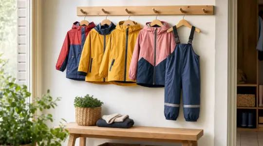 Robuste bunte Outdoor-Kinderkleidung mit Jacke und Matschhose hängt an Kleiderbügeln an einer hellen Wand