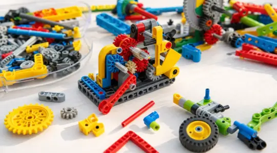 Bunte Technik-Bauteile mit Zahnrädern, Achsen und Rädern teils zusammengebaut auf einem Tisch