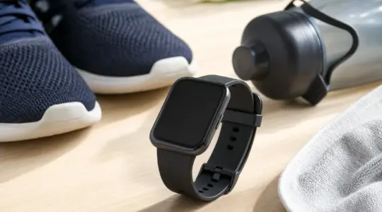 Eine Fitnessuhr mit Armband liegt auf einer hellen Oberfläche neben Sportschuhen und einer Trinkflasche