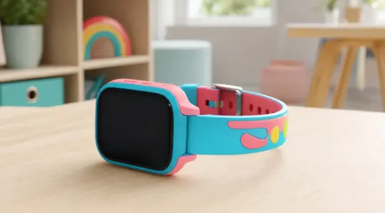 Eine bunte kindgerechte Fitnessuhr mit Silikonarmband auf einem hellen Tisch