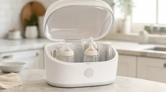Ein moderner weißer Flaschensterilisator für Babyflaschen mit geöffnetem Deckel und neutralen Babyflaschen darin auf einer hellen Küchenarbeitsplatte