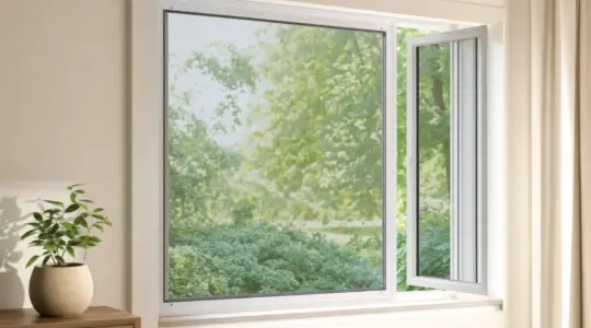 Ein Fenster mit montiertem feinem Fliegengitter, dahinter grüne Pflanzen und Tageslicht