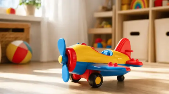 Ein buntes robustes Spielzeug-Flugzeug aus Kunststoff steht auf einem hellen Holzboden im Kinderzimmer