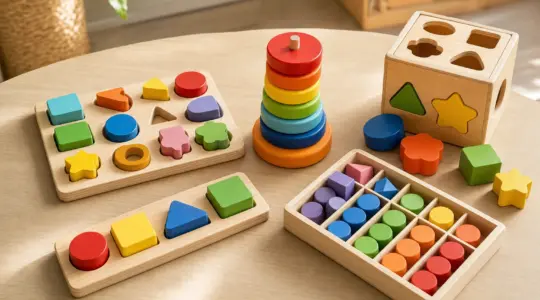 Mehrere bunte Förder- und Lernspiele aus Holz für Kleinkinder mit Steck-, Stapel- und Sortierspiel auf einem Holztisch