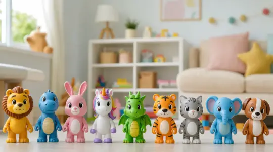 Mehrere bunte Actionfiguren und Sammelartikel stehen auf einer hellen Fläche bereit