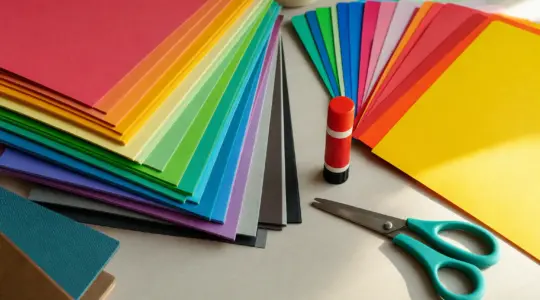 Stapel von Fotokarton und Tonpapier in vielen Farben liegen auf einem Basteltisch