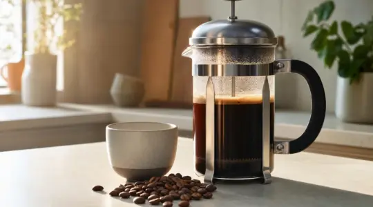 Eine French-Press-Kanne aus Glas und Edelstahl mit Kaffee auf einer Küchenarbeitsplatte