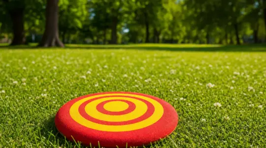 Eine bunte Wurfscheibe aus weichem Material liegt auf einer sonnigen grünen Wiese im Park