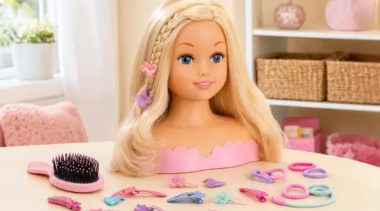 Ein Frisierkopf einer Spielzeugpuppe mit langen Haaren, Bürste und Haarspangen