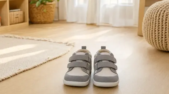 Ein Paar flexible Kinderschuhe aus weichem Material in dezenten Farben stehen nebeneinander auf einem Holzboden