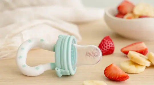 Ein Baby-Fruchtsauger mit Silikonnetz und buntem Griff neben frischen Obststücken wie Erdbeere und Banane auf einem hellen Holztisch