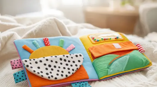 Ein aufgeschlagenes weiches Stoff-Fühlbuch für Babys mit verschiedenen bunten Texturen, kleinen Klappen und Raschelelementen in fröhlichen Farben auf einer hellen Decke