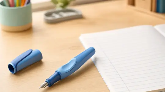 Ein ergonomischer Schreiblern-Füller für Kinder liegt mit geöffneter Kappe auf einem hellen Schreibtisch neben einem Schreibheft