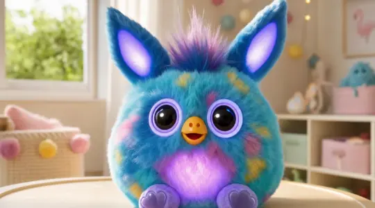 Ein flauschiges interaktives Plüschtier mit großen Augen steht auf einem Tisch