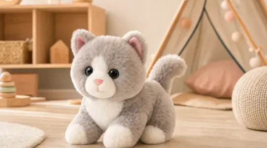 Ein flauschiges interaktives Spielzeug-Kuscheltier in Katzenform aus weichem Plüsch auf einem Holzboden