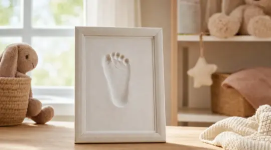 Ein schlicht gerahmtes Baby-Andenken mit dem zarten Abdruck eines kleinen Babyfußes in heller Modelliermasse