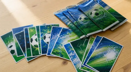 Mehrere bunte Fußball-Sammelkarten und ungeöffnete Päckchen liegen ordentlich auf einem hellen Tisch bereit