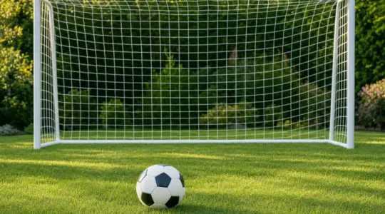 Ein stabiles Fußballtor mit Netz steht auf einer sonnigen grünen Rasenfläche im Garten