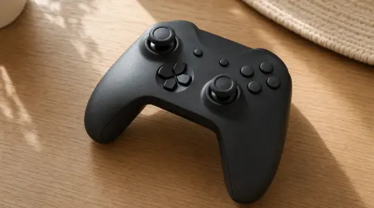 Ein schwarzer Gaming-Controller liegt auf einem Tisch