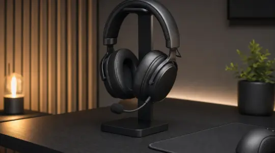 Ein modernes Gaming-Headset steht auf einem Ständer an einem aufgeräumten Schreibtisch bereit
