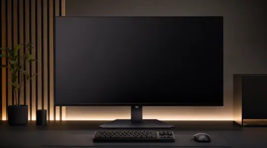Ein moderner Gaming-Monitor steht auf einem aufgeräumten Schreibtisch bereit
