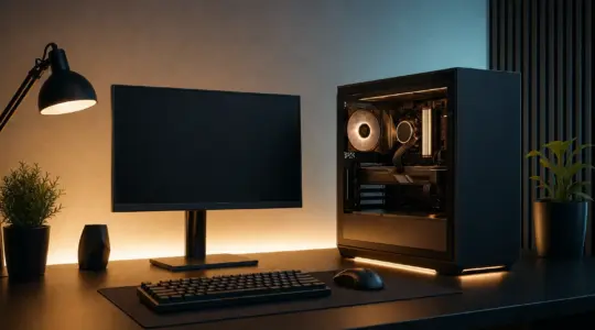 Ein moderner Gaming-PC mit Gehäuse steht an einem aufgeräumten Schreibtisch bereit