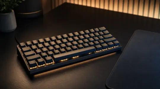 Eine moderne Gaming-Tastatur liegt auf einem aufgeräumten Schreibtisch bereit zum Spielen