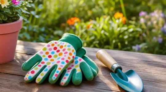 Ein Paar kleine bunte Gartenhandschuhe für Kinder liegt neben einer kleinen Schaufel auf einem Gartentisch