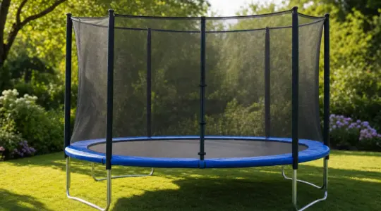 Großes rundes Gartentrampolin mit Sicherheitsnetz und blauer Randabdeckung auf einer Rasenfläche in einem sonnigen Garten