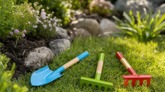 Kinder-Gartenwerkzeug-Set aus kleiner Schaufel, Harke und Rechen mit bunten Holzstielen auf einer Rasenfläche neben einem Beet