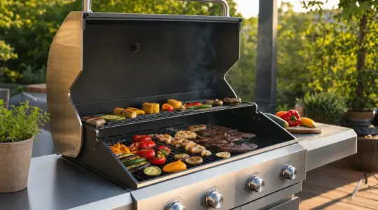 Ein moderner Gasgrill steht auf einer Terrasse, auf dem Grillrost liegen Gemüse und Grillgut