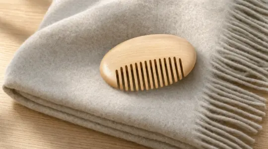 Ein kleiner glatter Handschmeichler aus Holz liegt auf einer Decke