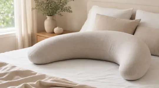 Ein halbmondförmiges Lagerungskissen liegt auf einem Bett