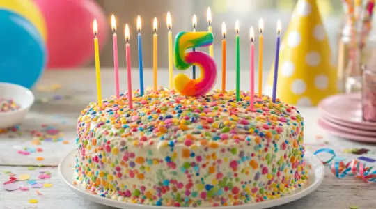 Bunte Geburtstagskerzen und eine Zahlenkerze stehen auf einem festlich geschmückten Kuchen bereit